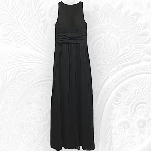 Bill Levkoff Rouched Chiffon Pleated High Neck Cutaway Arms Lined Formal Black 6 - Picture 1 of 14